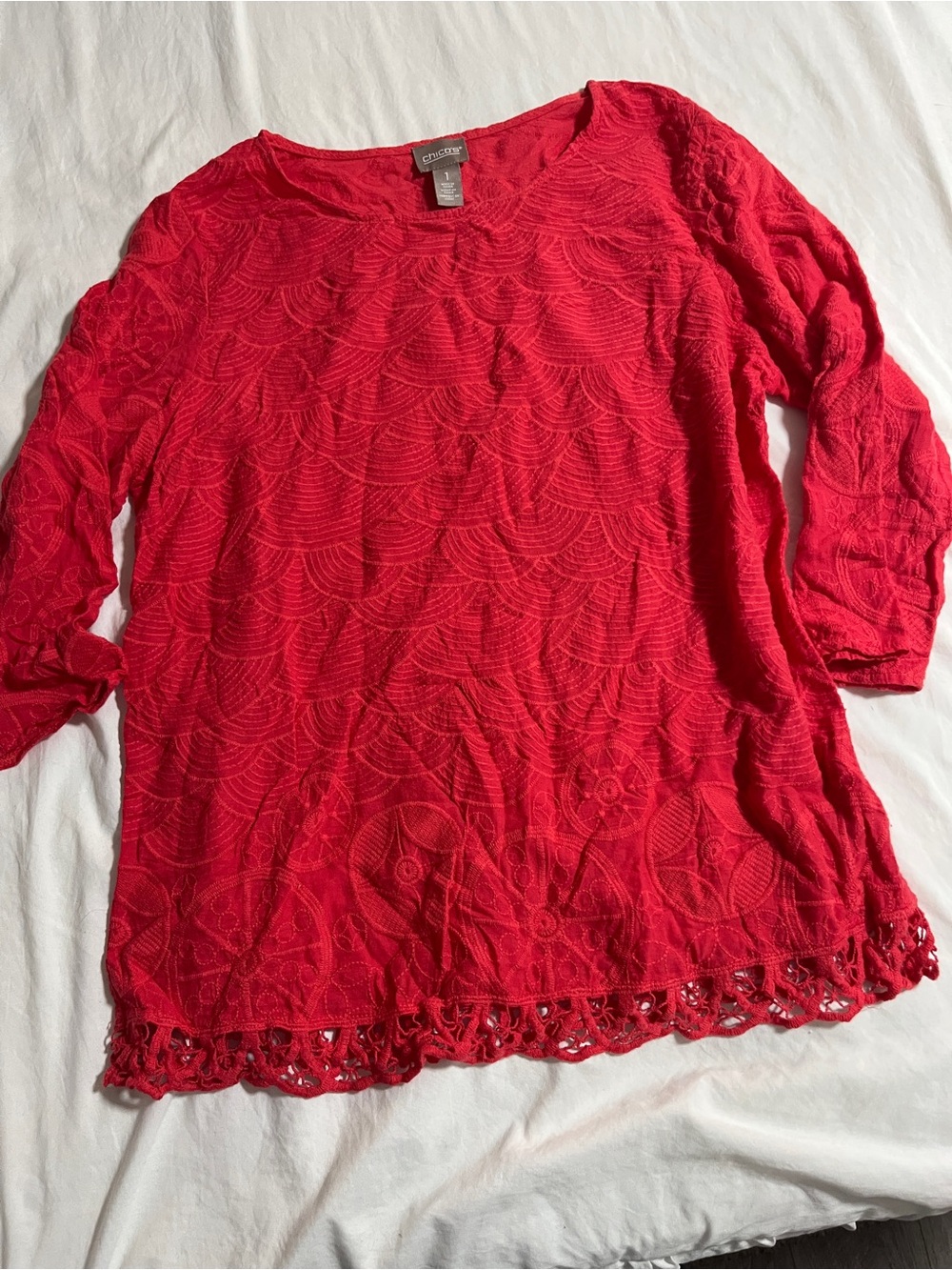 Chico's Bright Red Lace-Detail Long Sleeve Tunic size medium